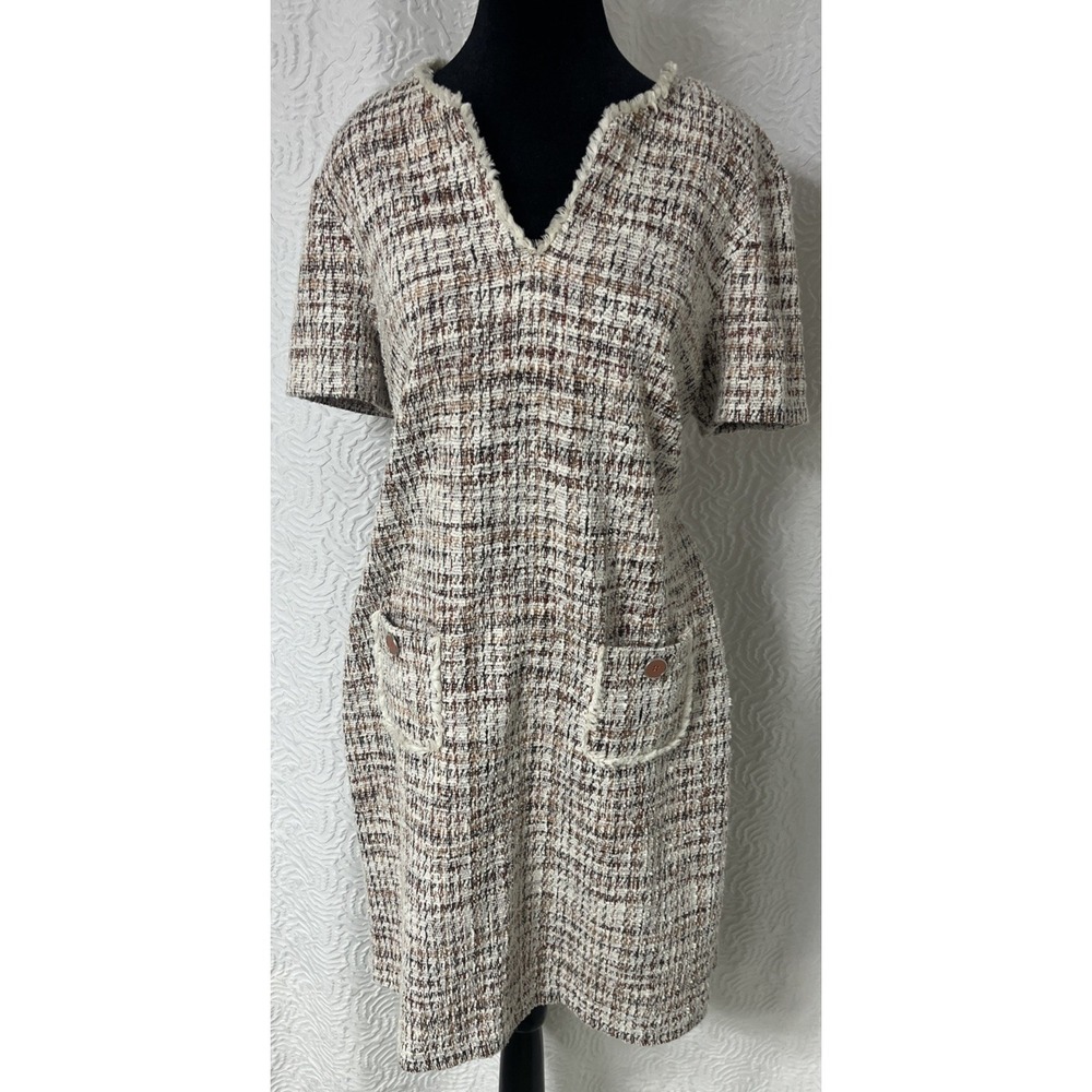 Connected Apparel Tweed Pocket Detail Dress, Beige/Brown/Orange. Size 16